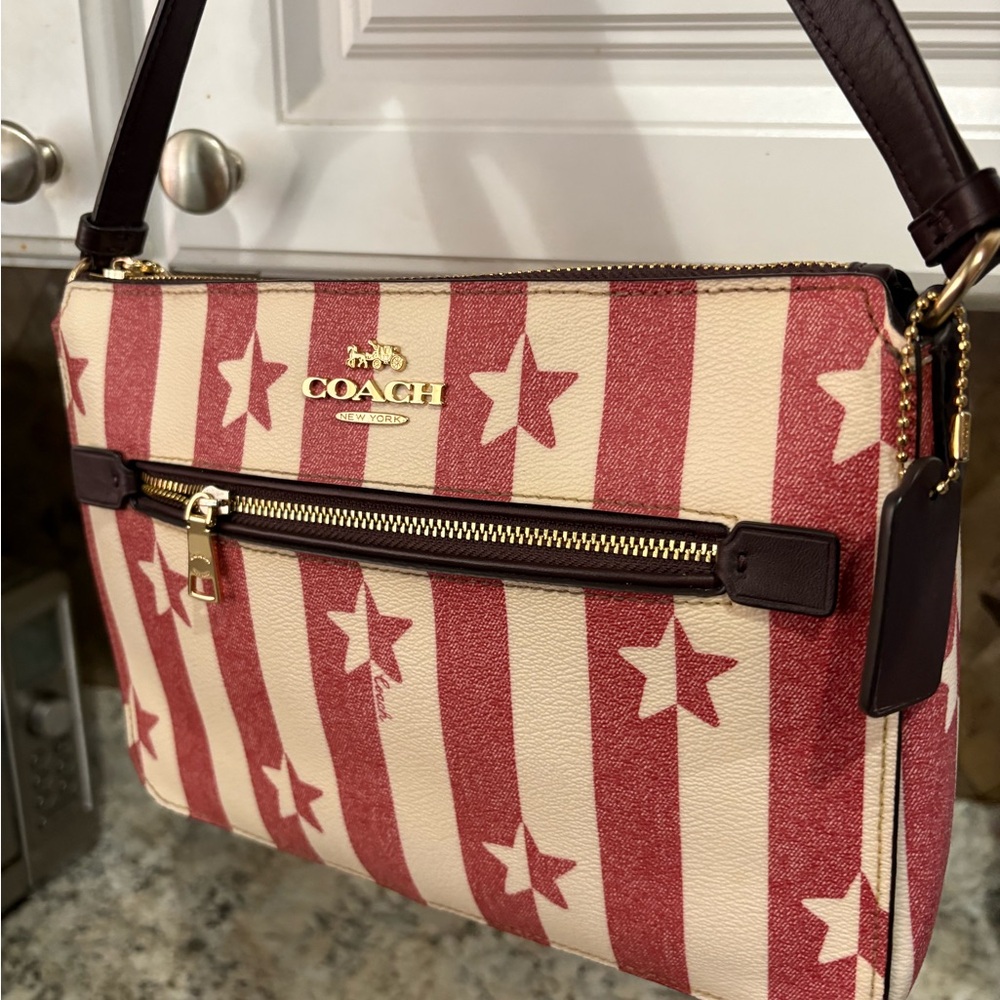 Coach Red and Cream Star Striped Shoulder Bag